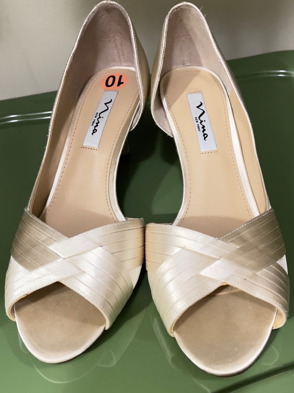 Nina Cream Satin Crisscross Open-Toe Heels